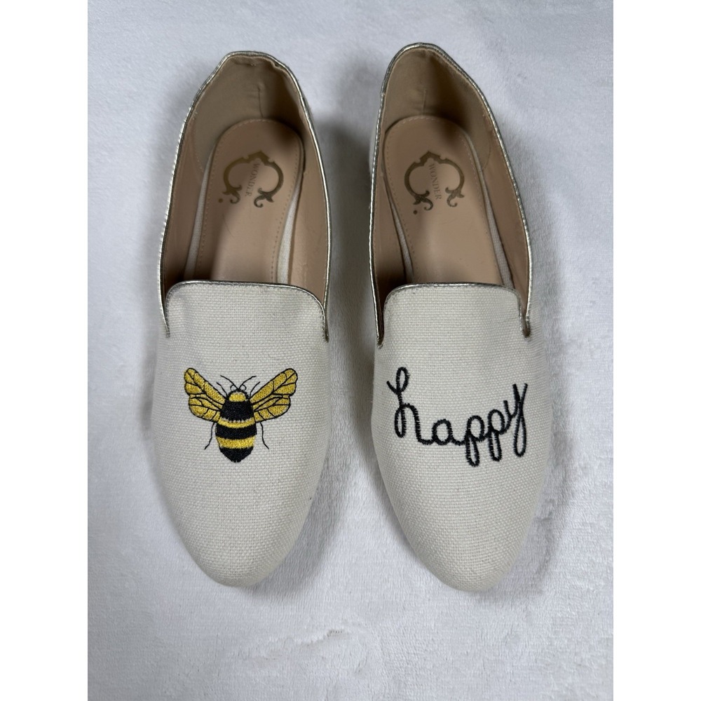 C. Wonder Bee Happy Loafers Womens 9 Cream Canvas Embroidered Slip On Flats